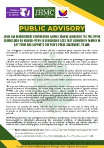 JOHN HAY MANAGEMENT CORPORATION (JHMC) STANDS ALONGSIDE THE PHILIPPINE COMMISSION ON WOMEN (PCW) IN DENOUNCING ACTS THAT COMMODIFY WOMEN IN ANY FORM AND SUPPORTS THE PCW’S PRESS STATEMENT