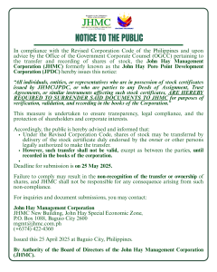 RECONSTITUTION OF JHMC’S STOCK AND TRANSFER BOOK (STB)